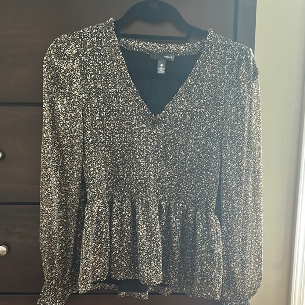Aqua Cream and Black Peplum Blouse with Long Sleeves